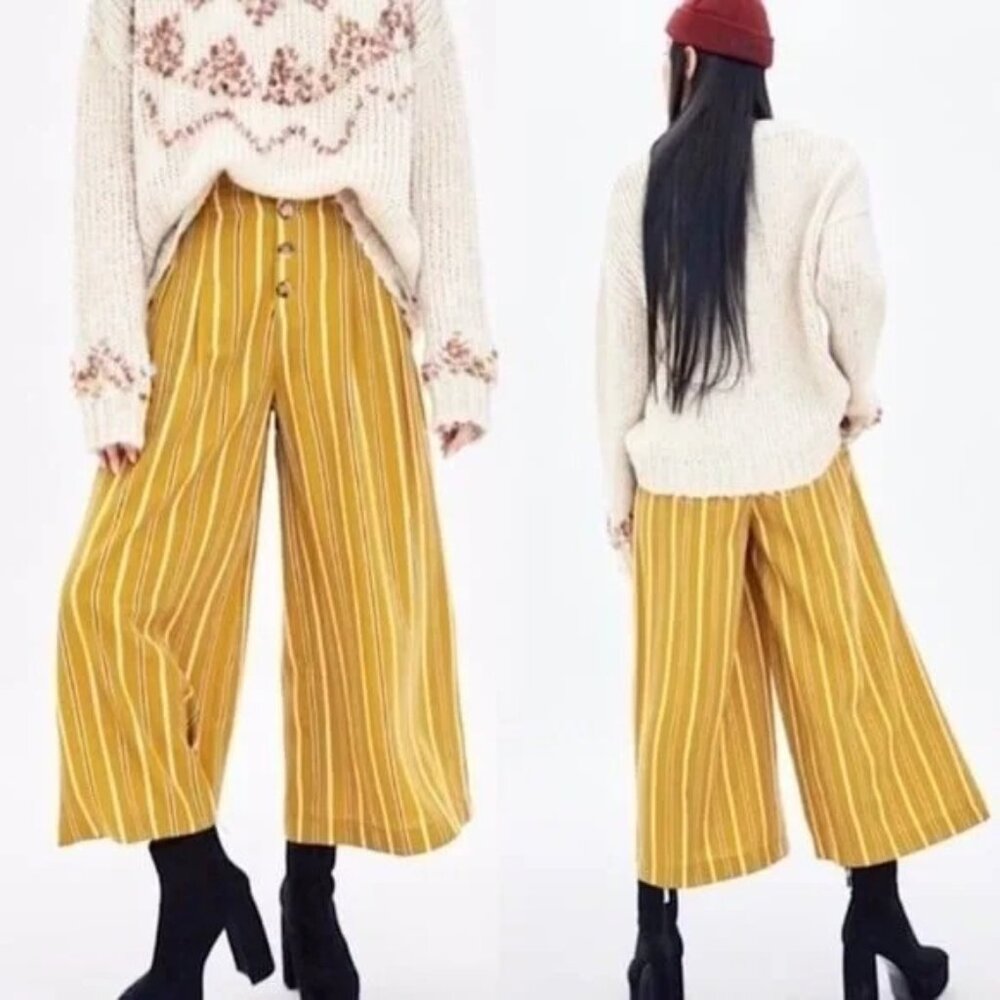 Zara XS Mustard Yellow Striped Wide Leg Cropped Pants Button Front High Waist